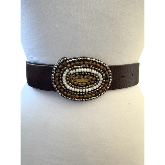 Brown Leather Belt Beaded Oval Buckle Boho Western Tribal Statement Accessory M - Picture 2 of 7